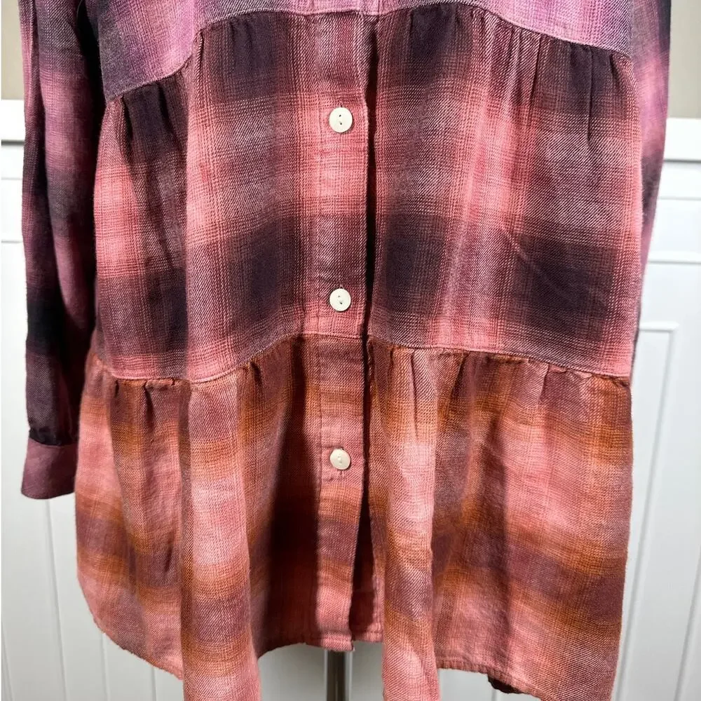 J.Jill Ombre Plaid Tiered Babydoll Button Up Tunic Top Long Sleeve Burgundy Sz M - Picture 3 of 15